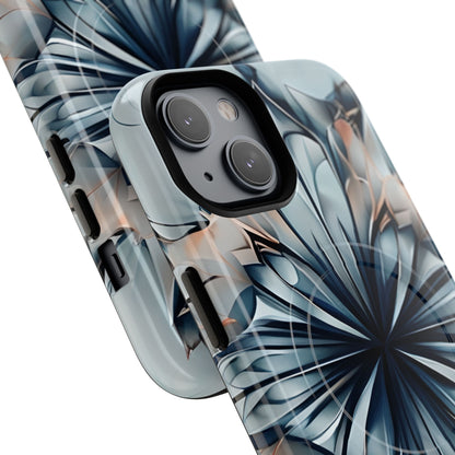 Angled view of Indigo Mirage blue floral geometric iPhone MagSafe protective case