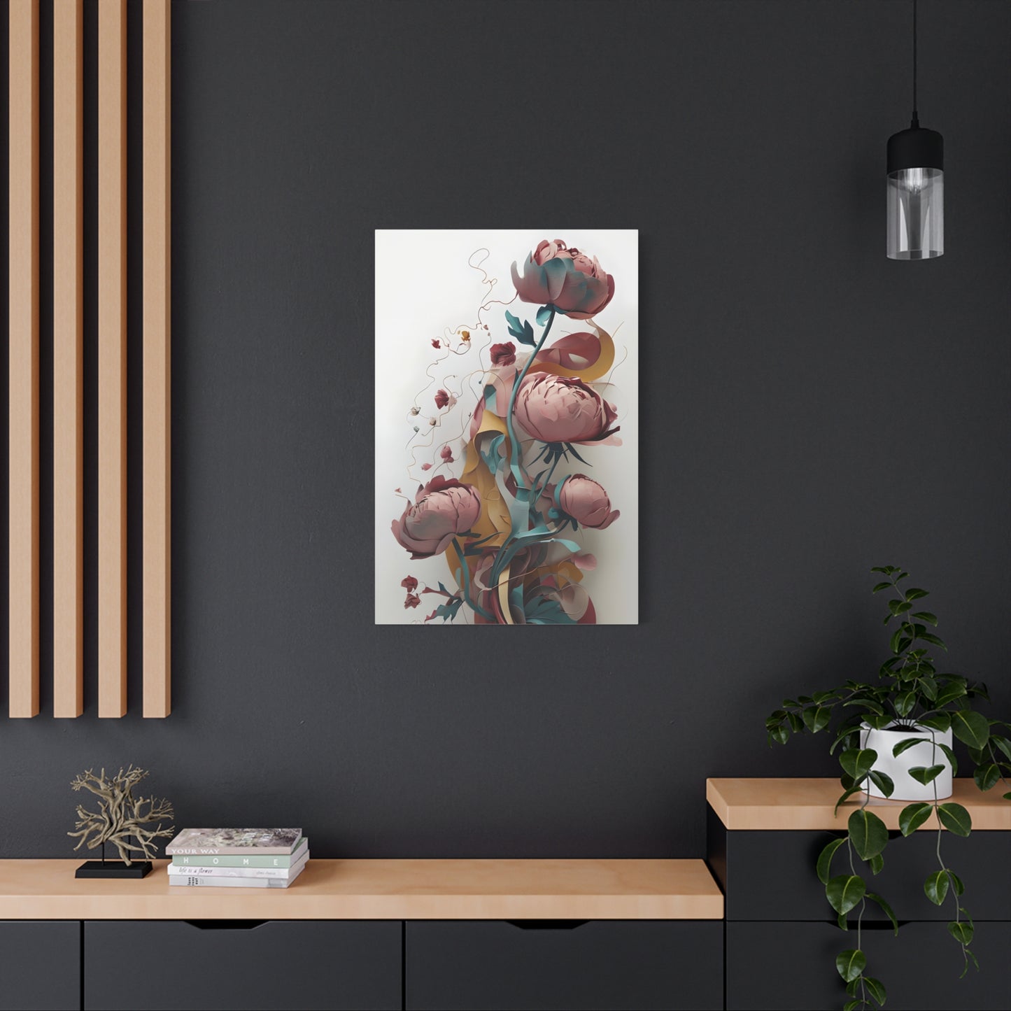 Blushing Peony Veil wall art canvas displayed on a dark accent wall in a modern living room