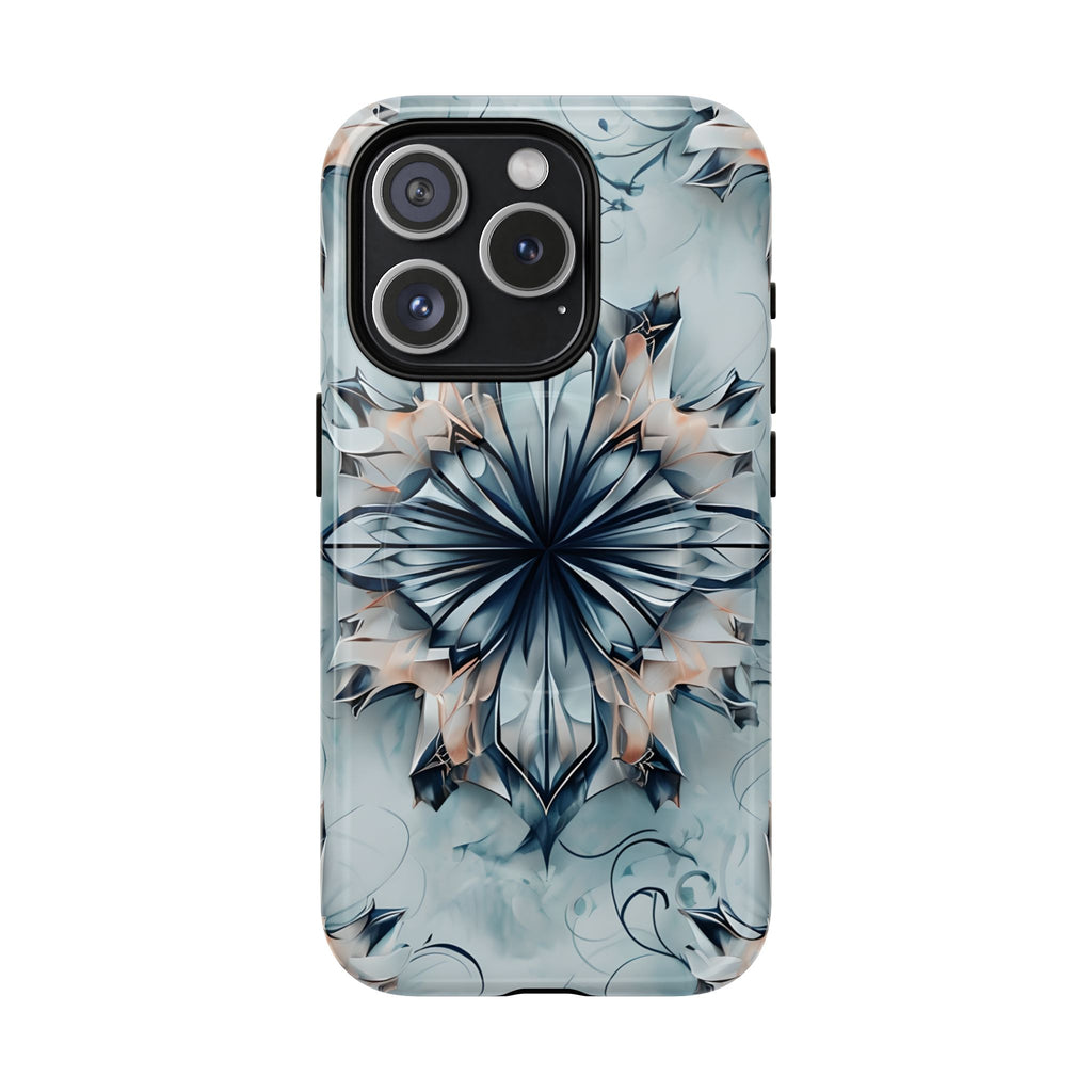 Indigo Mirage - Artistic Kaleidoscope Collection Artistic Floral - iPhone 15 Pro MagSafe Phone Case -Bold Indigo Symmetrical Design