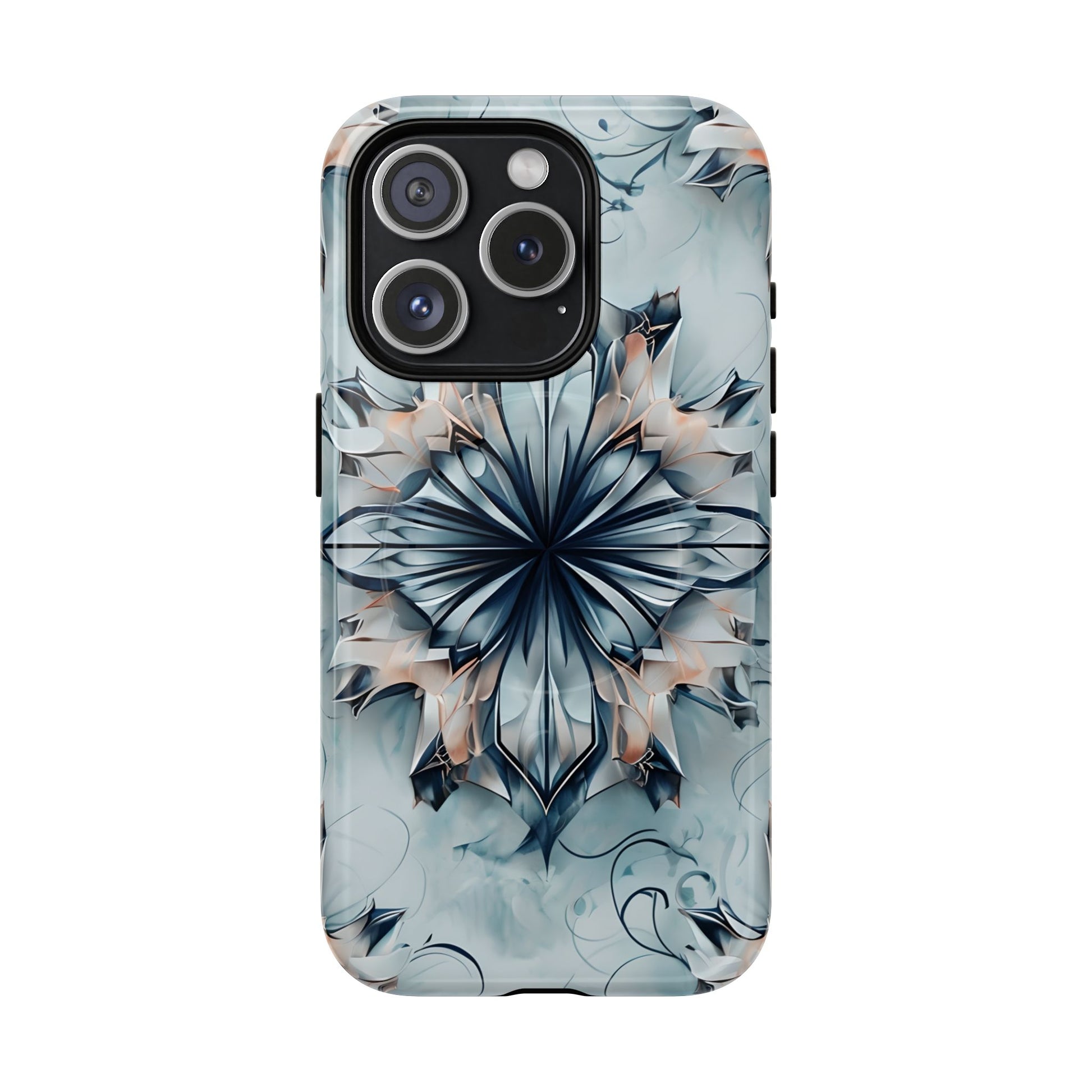 Indigo Mirage - Artistic Kaleidoscope Collection Artistic Floral - iPhone 15 Pro MagSafe Phone Case -Bold Indigo Symmetrical Design