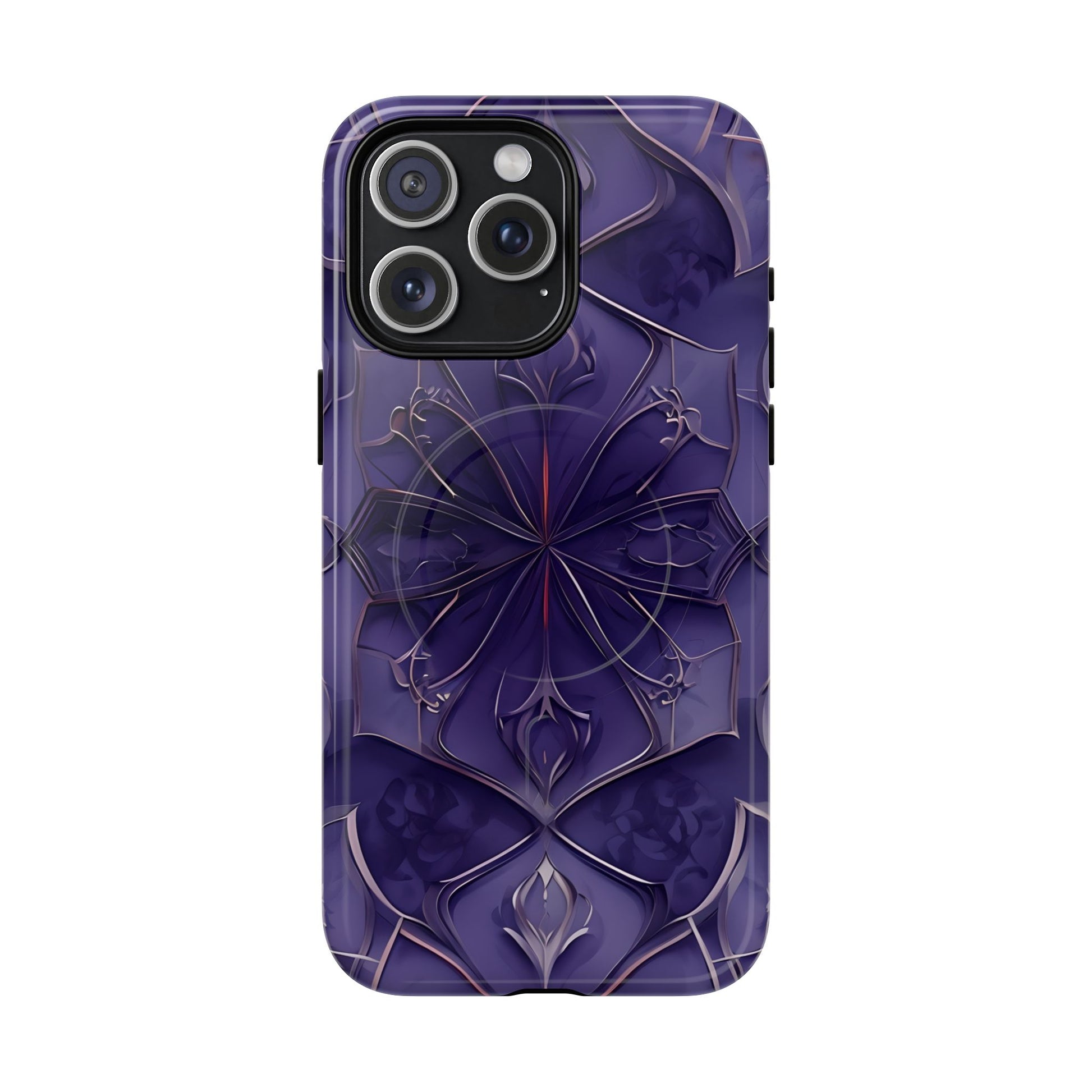 Violet Nebula - Kaleidoscope Collection Artistic Floral Burst - iPhone 15 Pro Max MagSafe Phone Case -Bold Purple Symmetrical Design