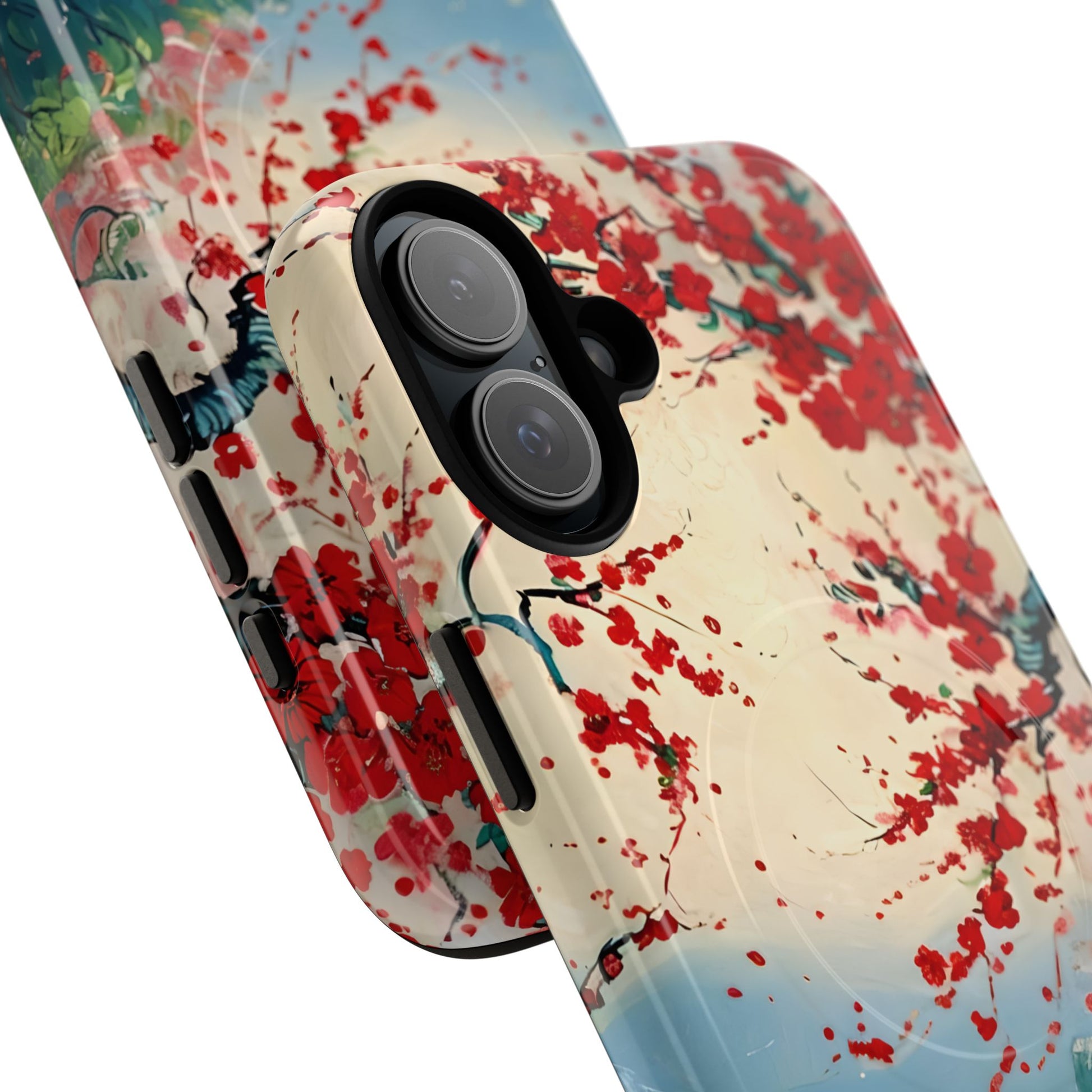 Crimson Blossom Lake - Artistic Floral Landscape iPhone 16 Plus MagSafe Phone Case - Red Cherry Blossoms & Serene Lake Design