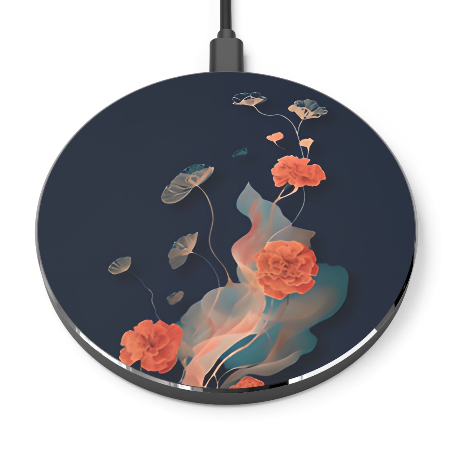 Lotus Reverie lotus flower art decorative Qi wireless charger with coral lotus blooms on dark blue background