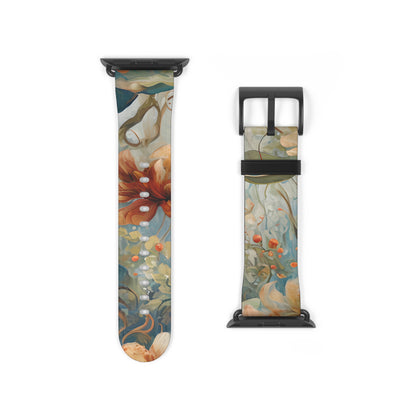 Close view of Waterlily Dreamscape Apple Watch band with black clasp and floral water lily pattern on durable silicone strap