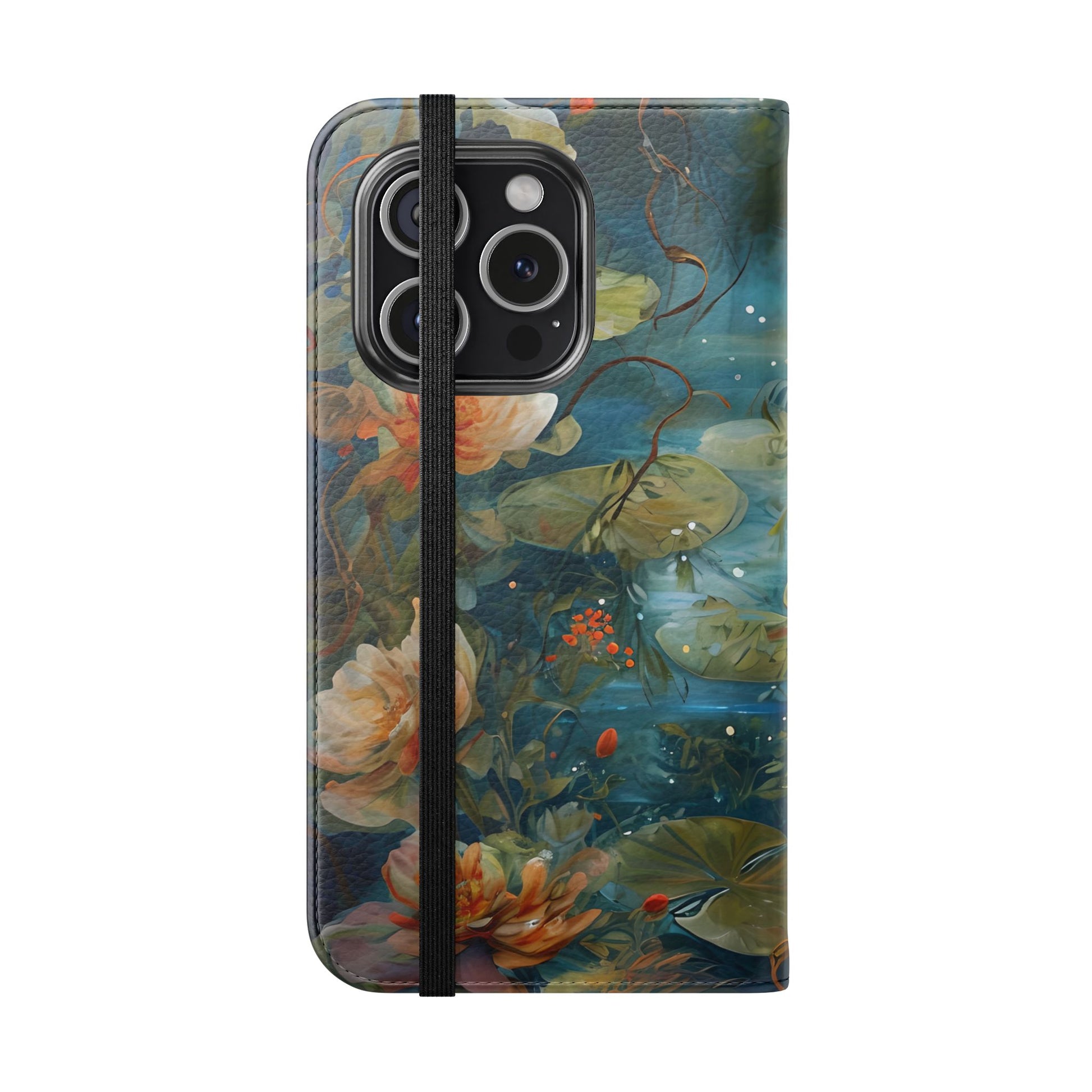 Waterlily Nocturne iPhone 15 Pro Wallet Case - Elegant Floral Flip Cover, Vintage Botanical Phone Folio