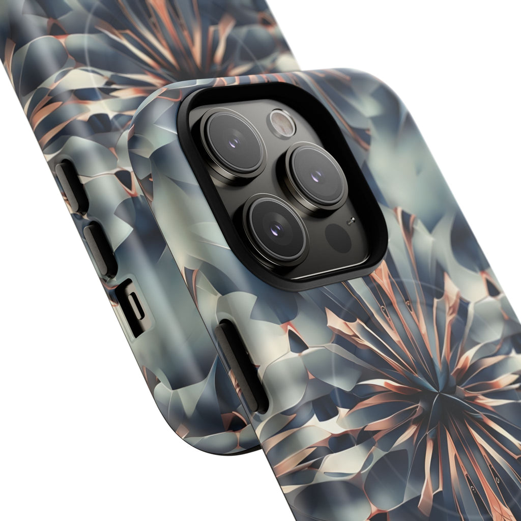 Obsidian Kaleidoscope Artistic Floral Burst - iPhone 14 Pro MagSafe Phone Case -Blue, Peach and Silver Symmetrical Design