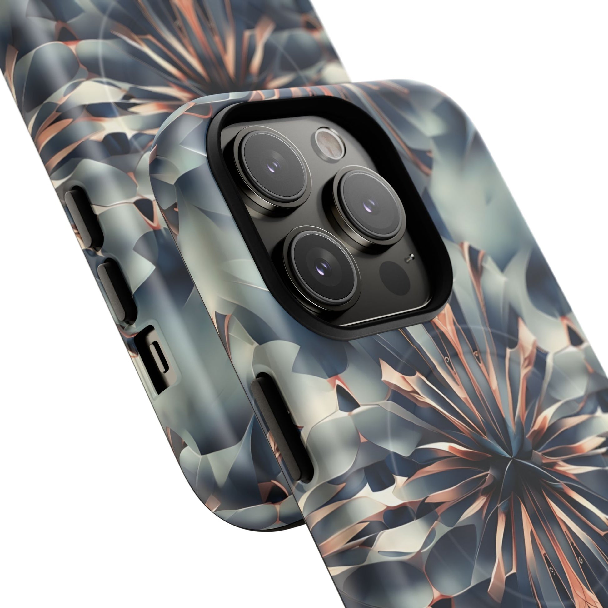 Obsidian Kaleidoscope Artistic Floral Burst - iPhone 14 Pro MagSafe Phone Case -Blue, Peach and Silver Symmetrical Design