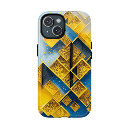 Golden Ascent iPhone MagSafe case with gold and blue geometric abstract pattern