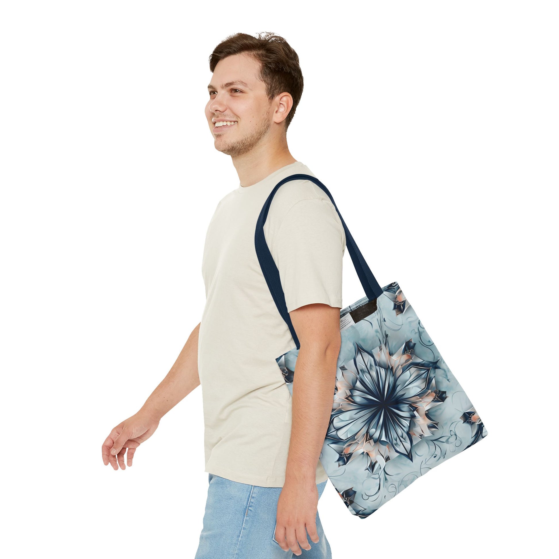Indigo Mirage Tote Bag (16x16 & 18x18)- Dreamy Blue Kaleidoscope Design in Reusable Poly Canvas, Artistic Eco-Friendly Shopping Bag