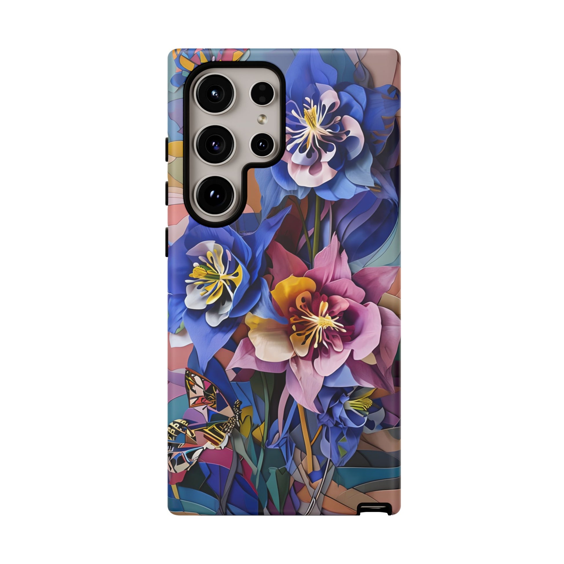 Blue Columbine Carnivale - Artistic Floral & Butterfly Samsung S24 Ultra Tough Phone Case - Vibrant Botanical Design