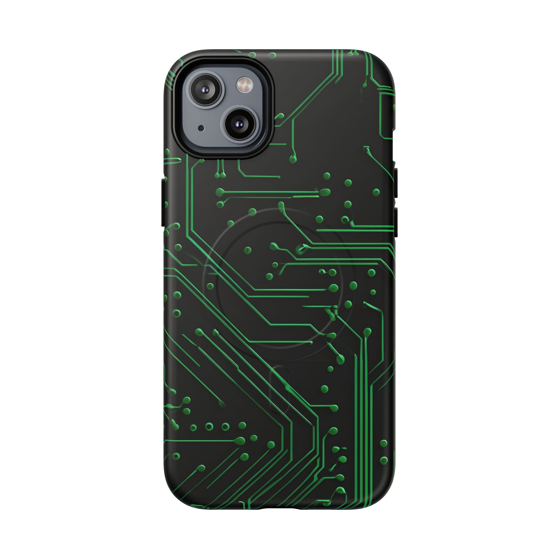 Green Circuit Grid iPhone 14 Plus MagSafe Compatible case- Tech-Inspired Shockproof Cover