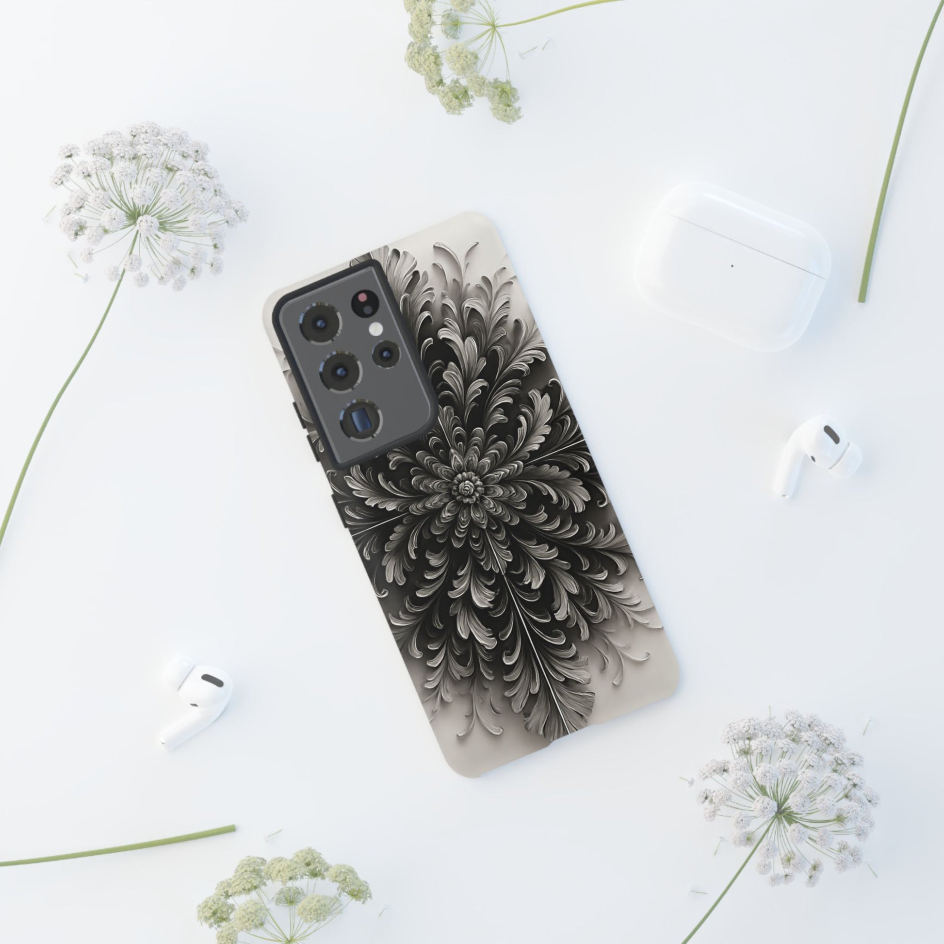 Obsidian Bloom - Elegant Black & White Samsung Galaxy S21 Ultra Tough Phone Case - Intricate Mandala Flower Design