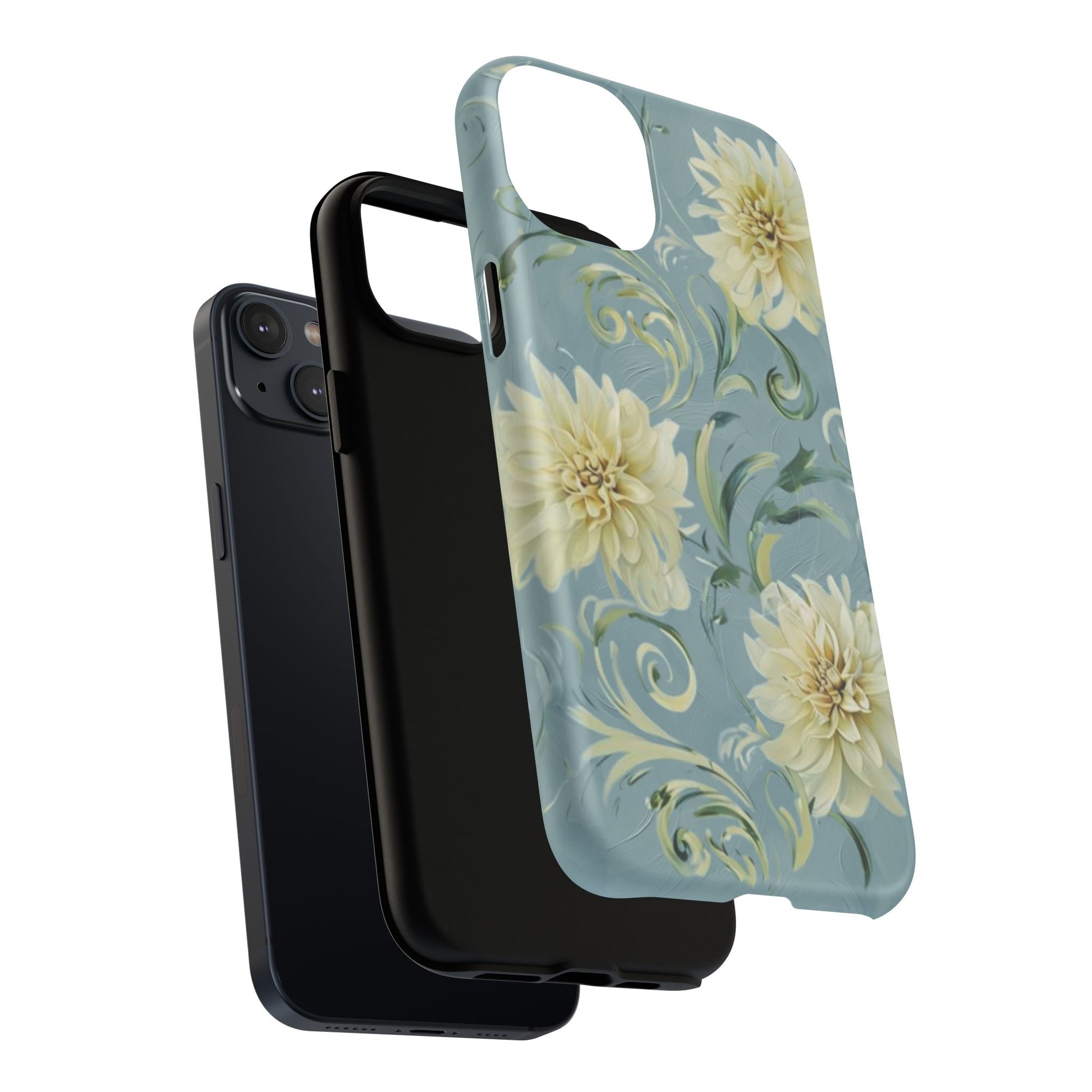 Golden Dahlia Trio - Elegant Floral iPhone 14 Plus MagSafe Phone Case - Artistic White & Blue Dahlia Design