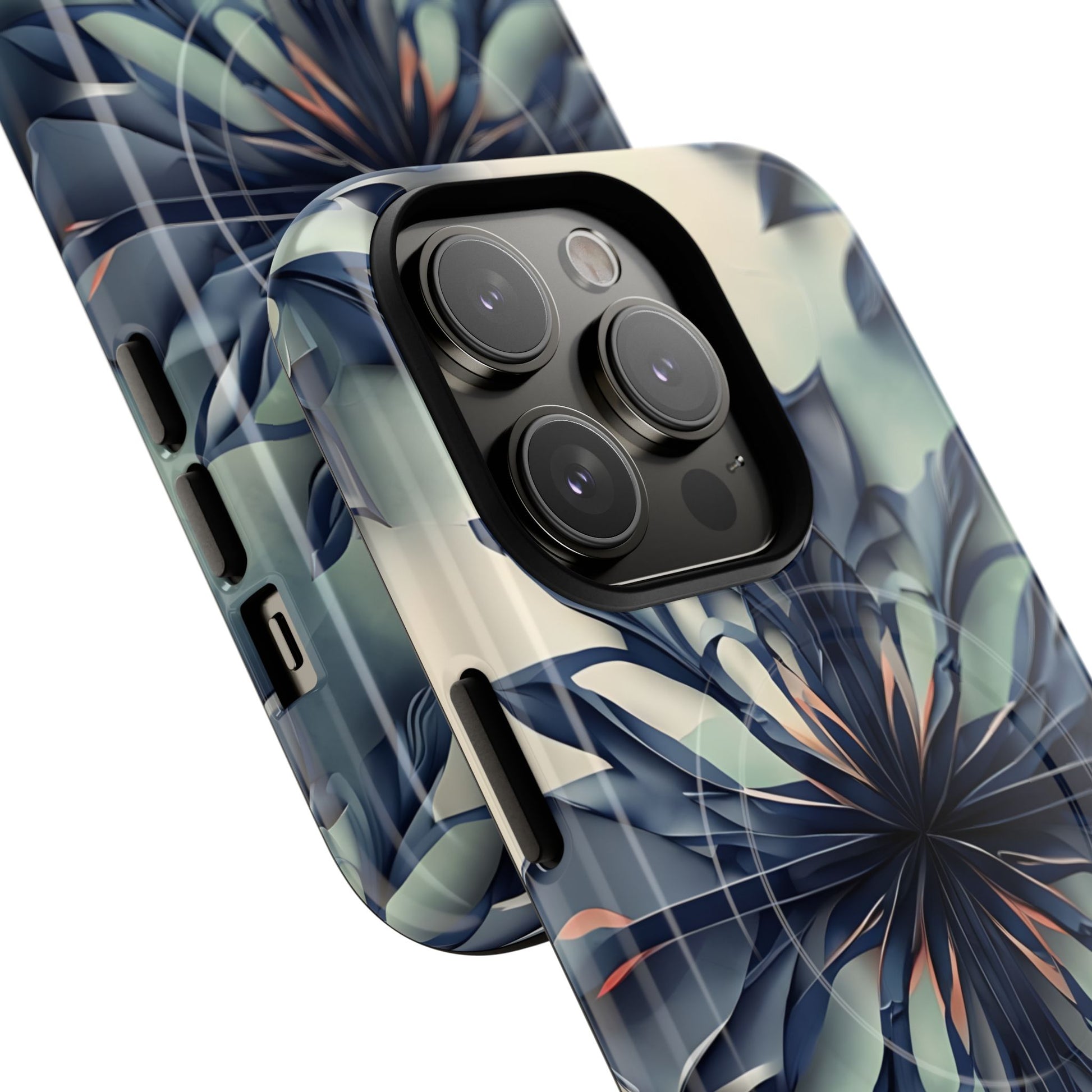 Frosted Indigo Bloom - Artistic Kaleidoscope Collection Artistic Floral - iPhone 14 Pro MagSafe Phone Case -Blue Symmetrical Design