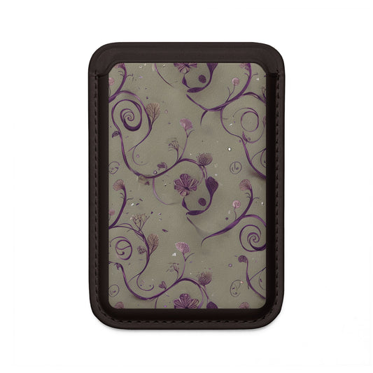 Twilight Thistle Bloom MagSafe card holder with purple thistle flowers and swirling vines on black magnetic wallet.