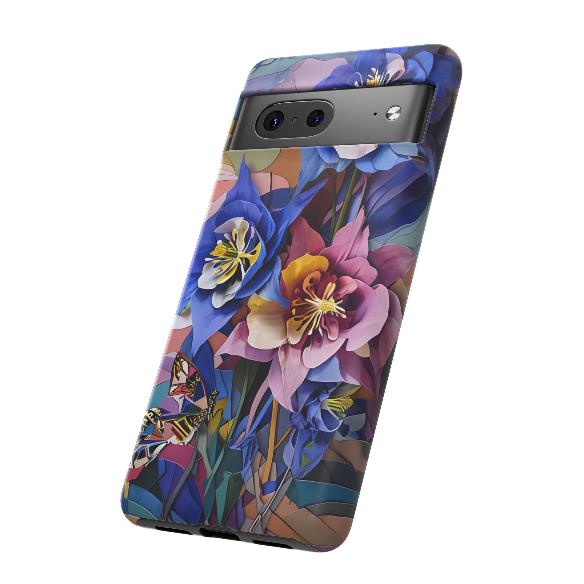 Blue Columbine Carnivale - Artistic Floral & Butterfly Google Pixel 7 Tough Phone Case - Vibrant Botanical Design