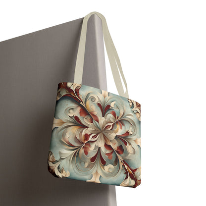 Vintage Baroque Blossom canvas tote bag hanging with intricate vintage floral pattern