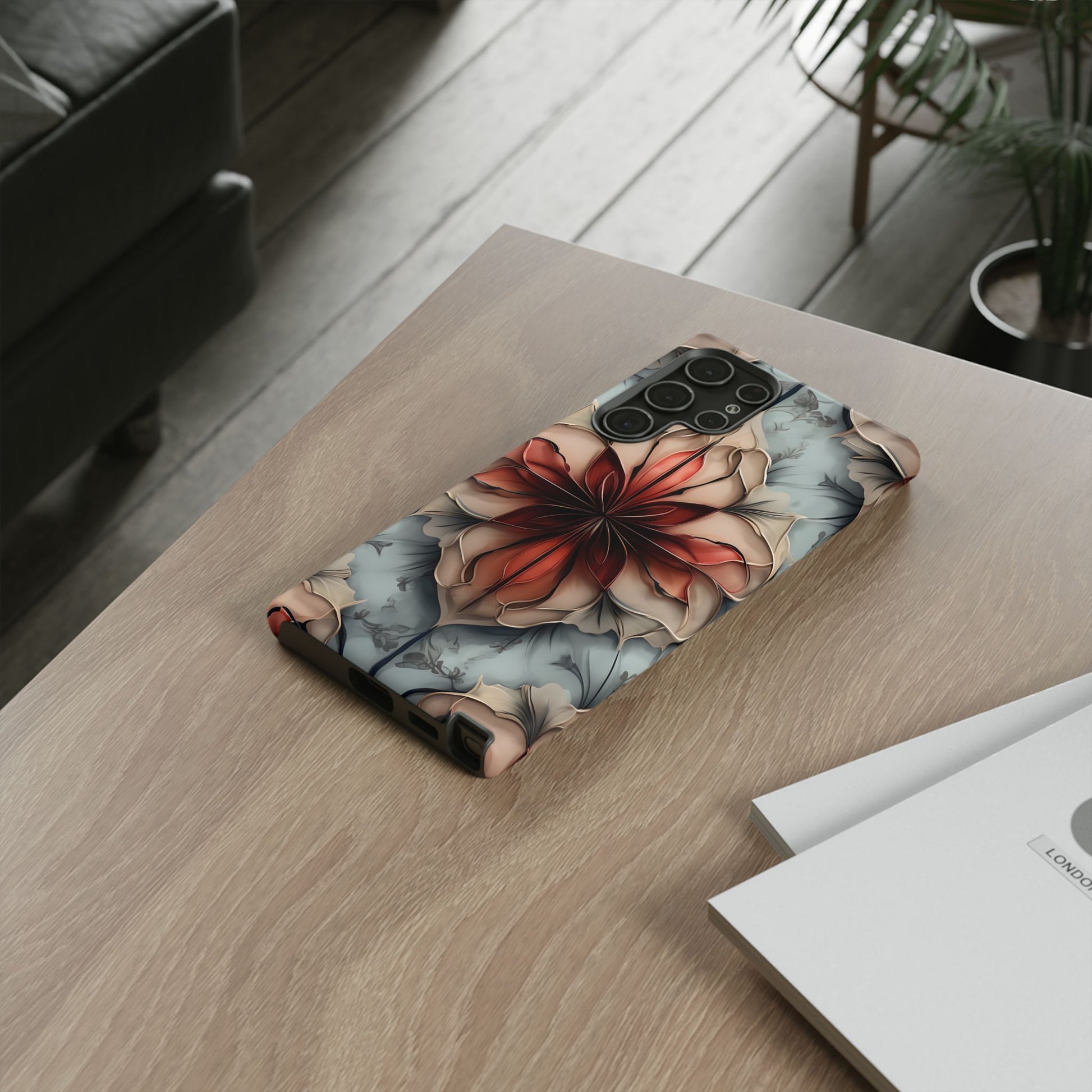 Ember Bloom - Kaleidoscope Collection Artistic Floral - Samsung Galaxy S22 Ultra Tough Phone Case - Fiery Symmetrical Design