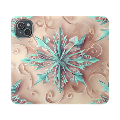 Frosted Petals iPhone Wallet Case - Soft Floral Kaleidoscope Design in Blush & Aqua