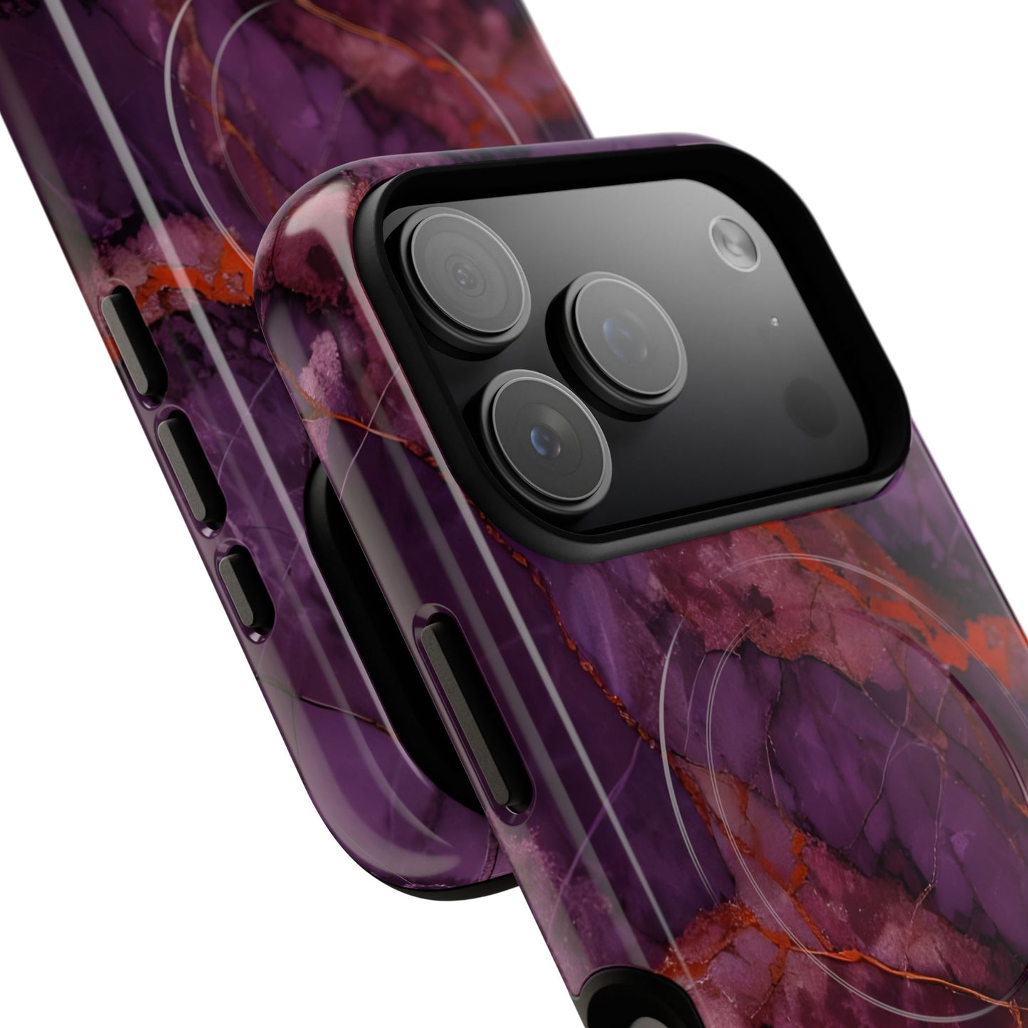 Angled view of Amethyst Current purple marble iPhone MagSafe protective phone case with large camera cutout