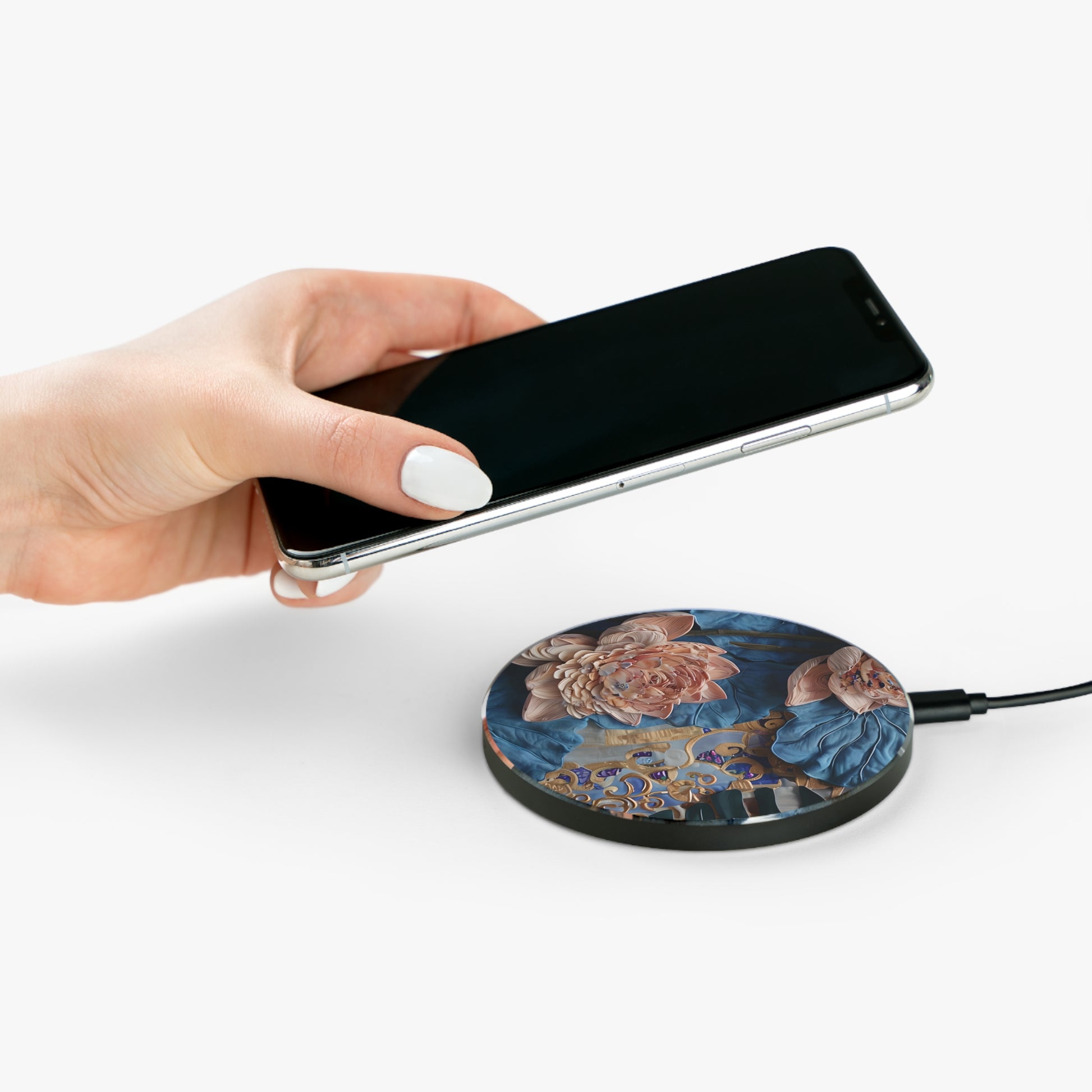 Peony Midnight Tapestry Qi Wireless Charger - 10W Fast Charging Pad - MagSafe Compatible Designer Phone Charger