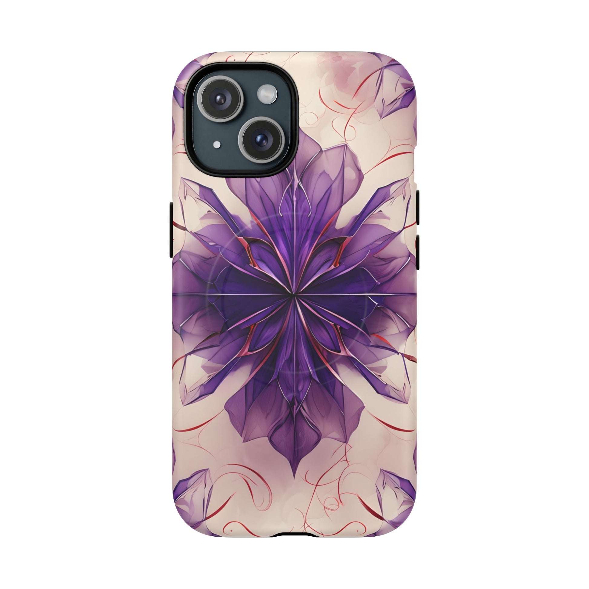 Violet Reverie - Kaleidoscope Collection Artistic Floral Burst - iPhone 15 MagSafe Phone Case - Bold Purple Symmetrical Design