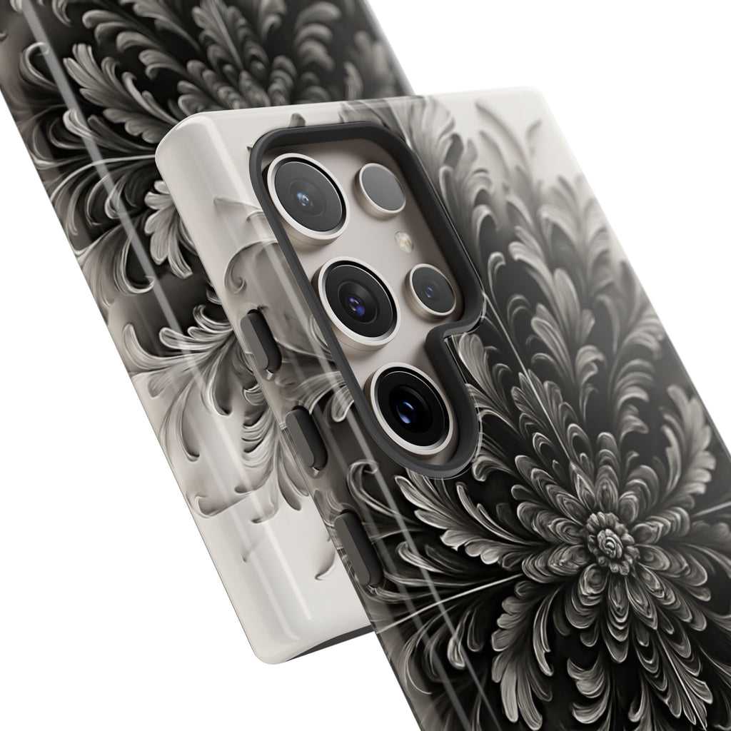 Obsidian Bloom - Elegant Black & White Samsung Galaxy S24 Ultra Tough Phone Case - Intricate Mandala Flower Design