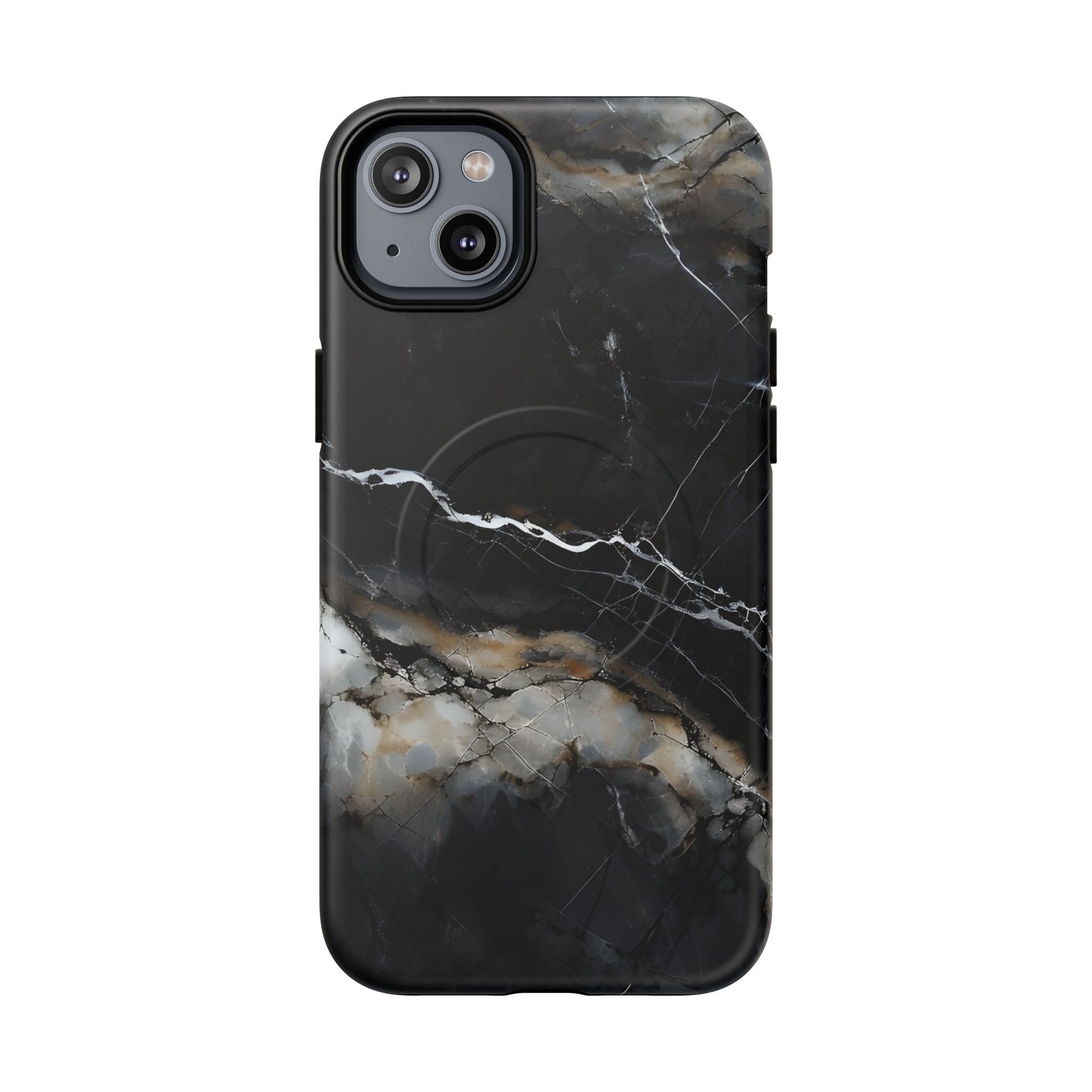 Obsidian Vein iPhone 14 Plus MagSafe Phone Case -Black Neutral Marble Design