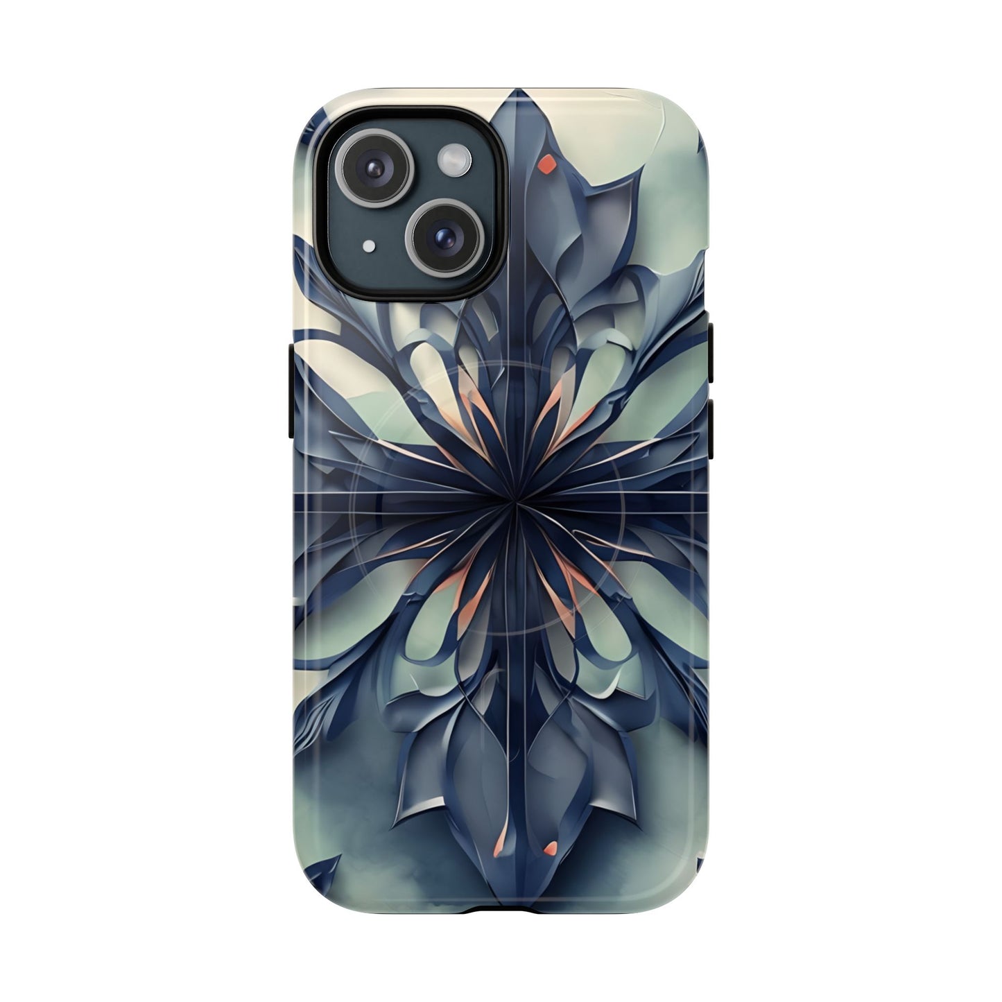 Frosted Indigo Bloom iPhone MagSafe case featuring a symmetrical abstract floral design in deep indigo and soft blue tones.