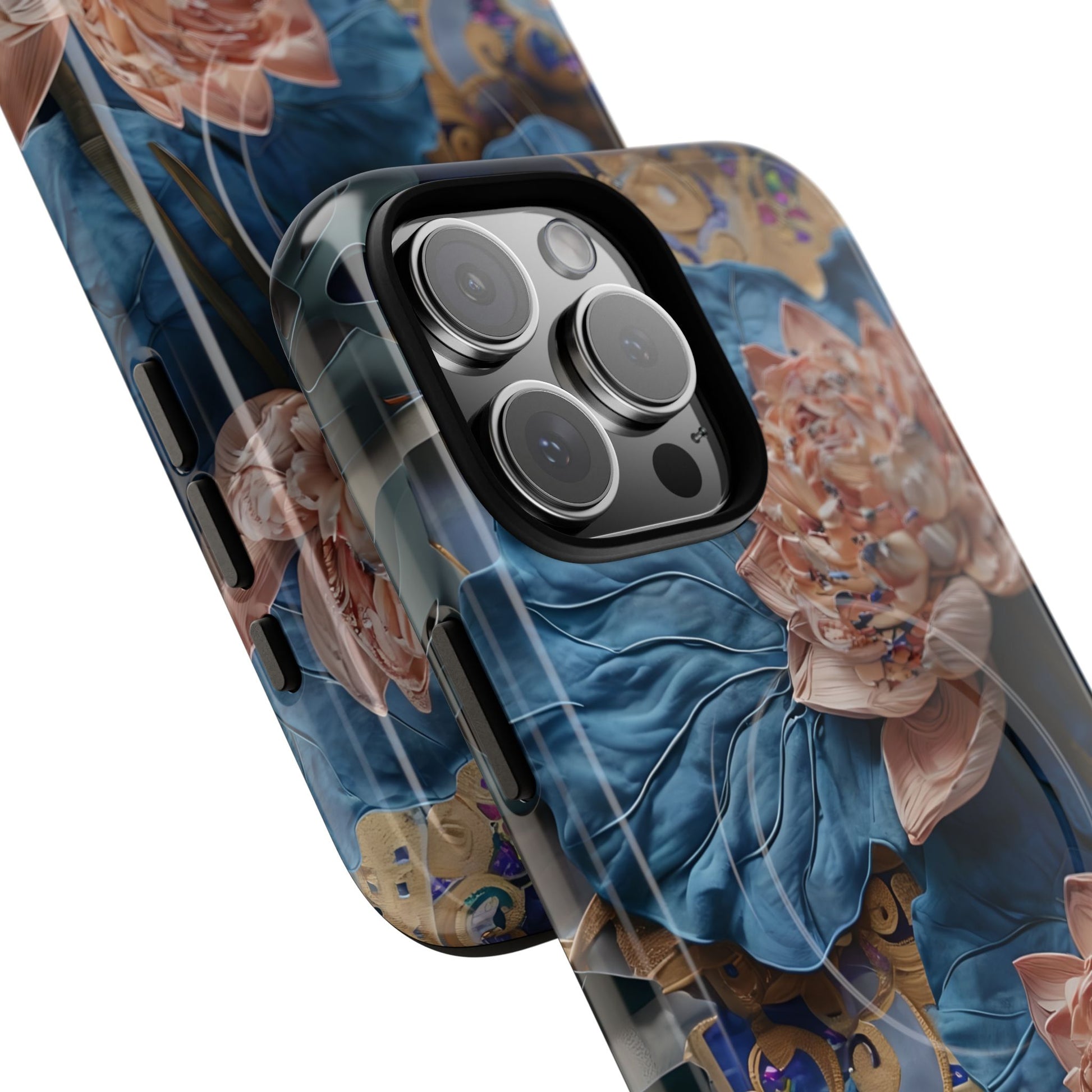Peony Midnight Tapestry - iPhone 16 Pro Max - MagSafe Compatible - Elegant Blue & Blush Artful Phone Cover