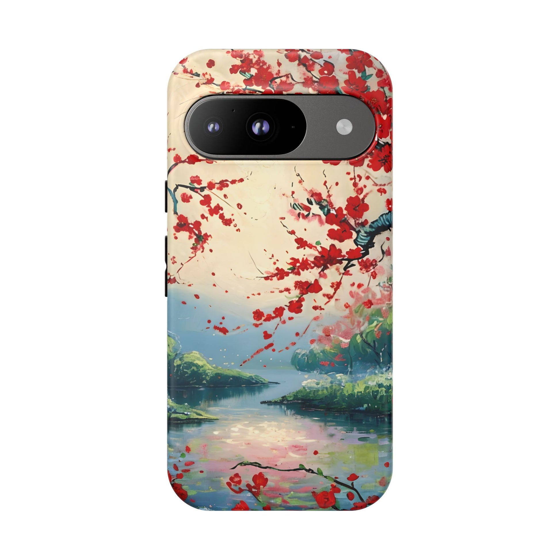 Crimson Blossom Lake - Artistic Floral Landscape Google Pixel 9 Tough Phone Case - Red Cherry Blossoms & Serene Lake Design