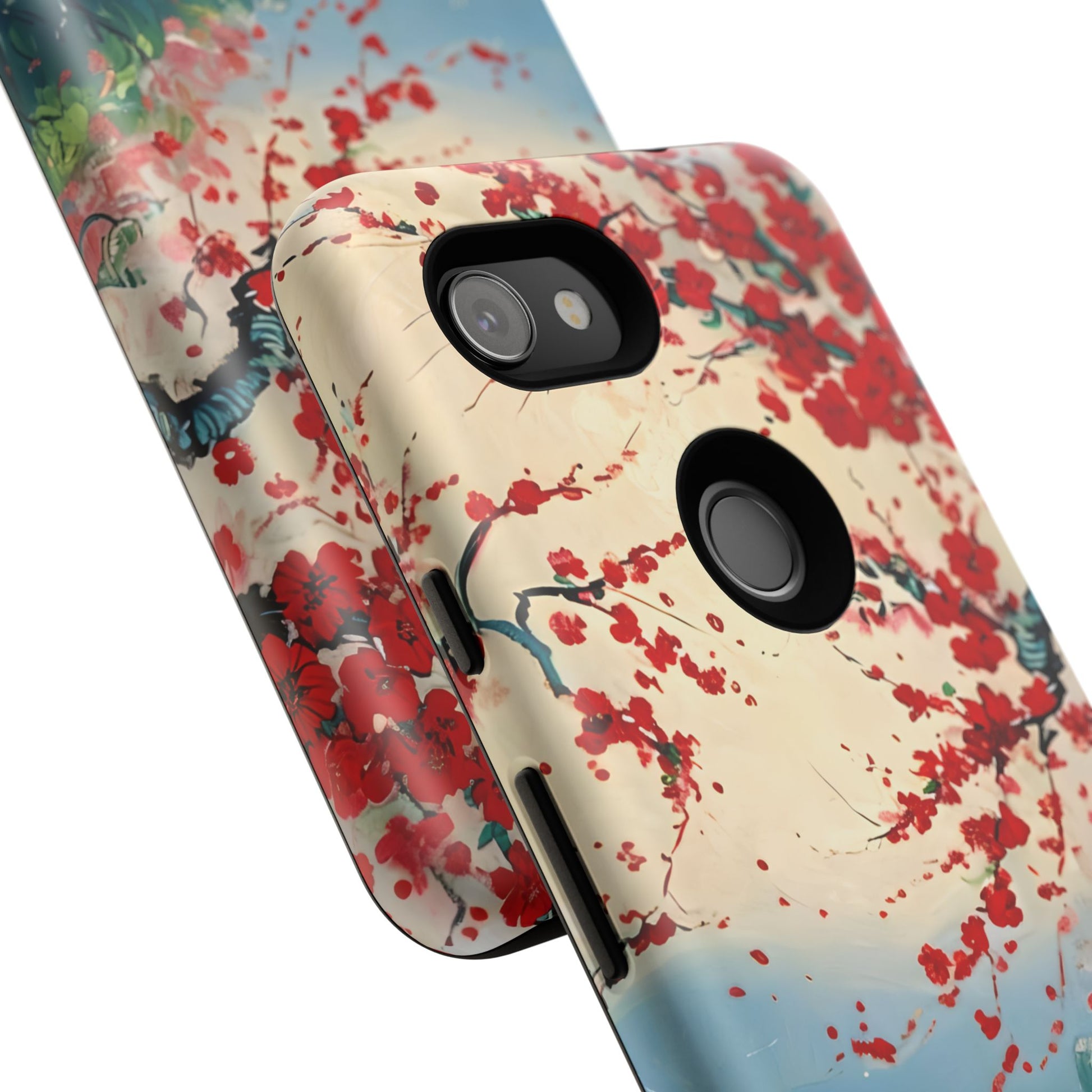 Crimson Blossom Lake - Artistic Floral Landscape Google Pixel 3a Tough Phone Case - Red Cherry Blossoms & Serene Lake Design