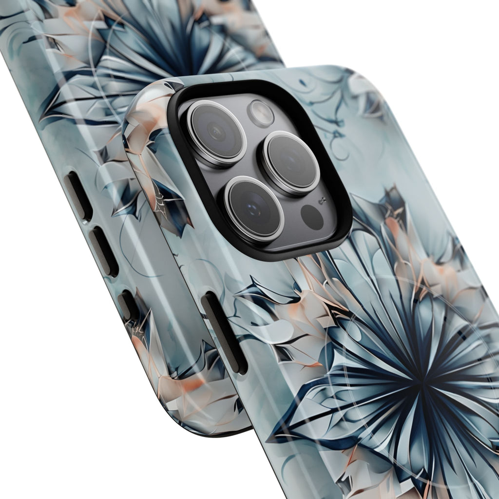 Indigo Mirage - Artistic Kaleidoscope Collection Artistic Floral - iPhone 15 Pro Max MagSafe Phone Case -Bold Indigo Symmetrical Design