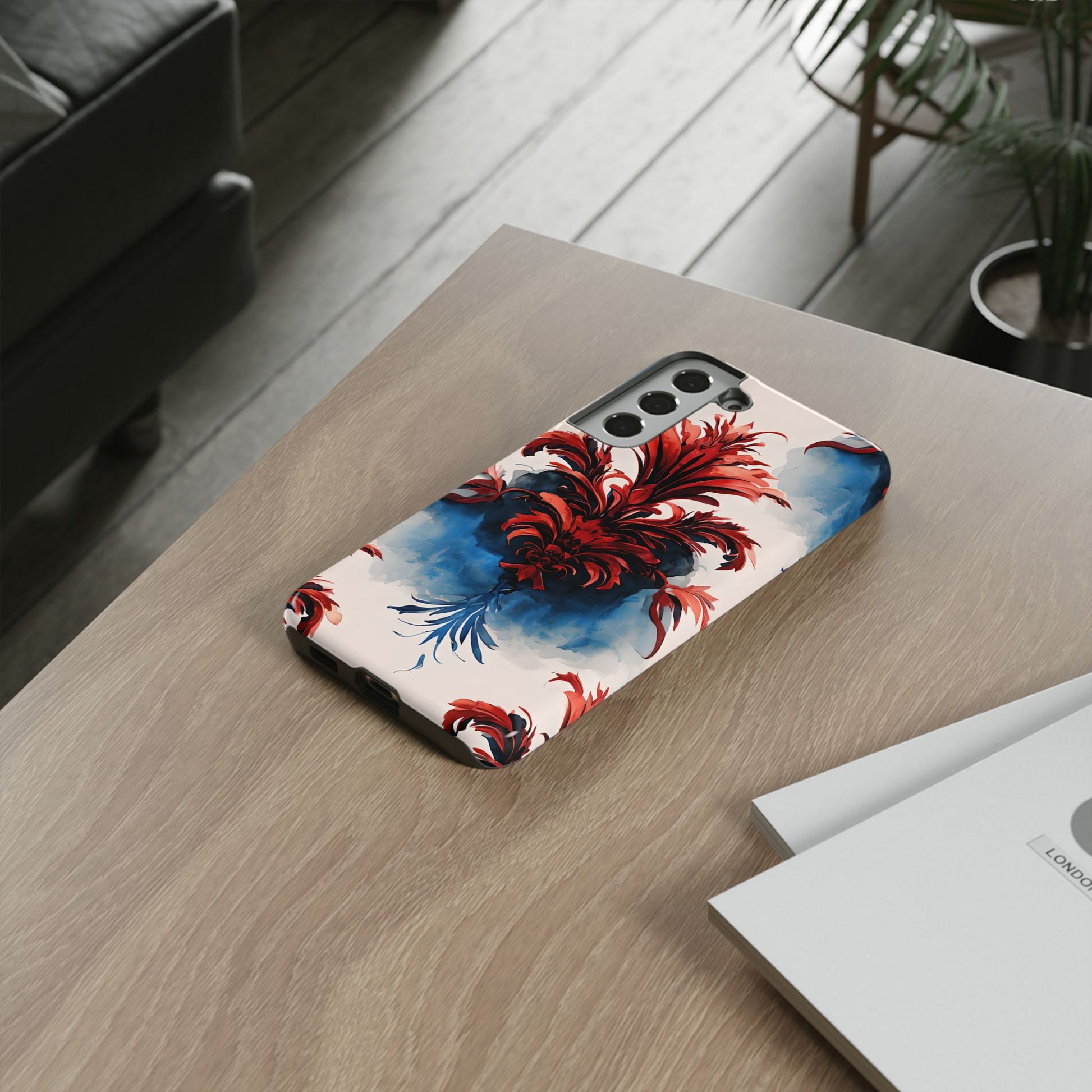 Crimson Plume - Bold Artistic Feather Samsung Galaxy S22 Plus Tough Phone Case - Dramatic Red & Blue Design