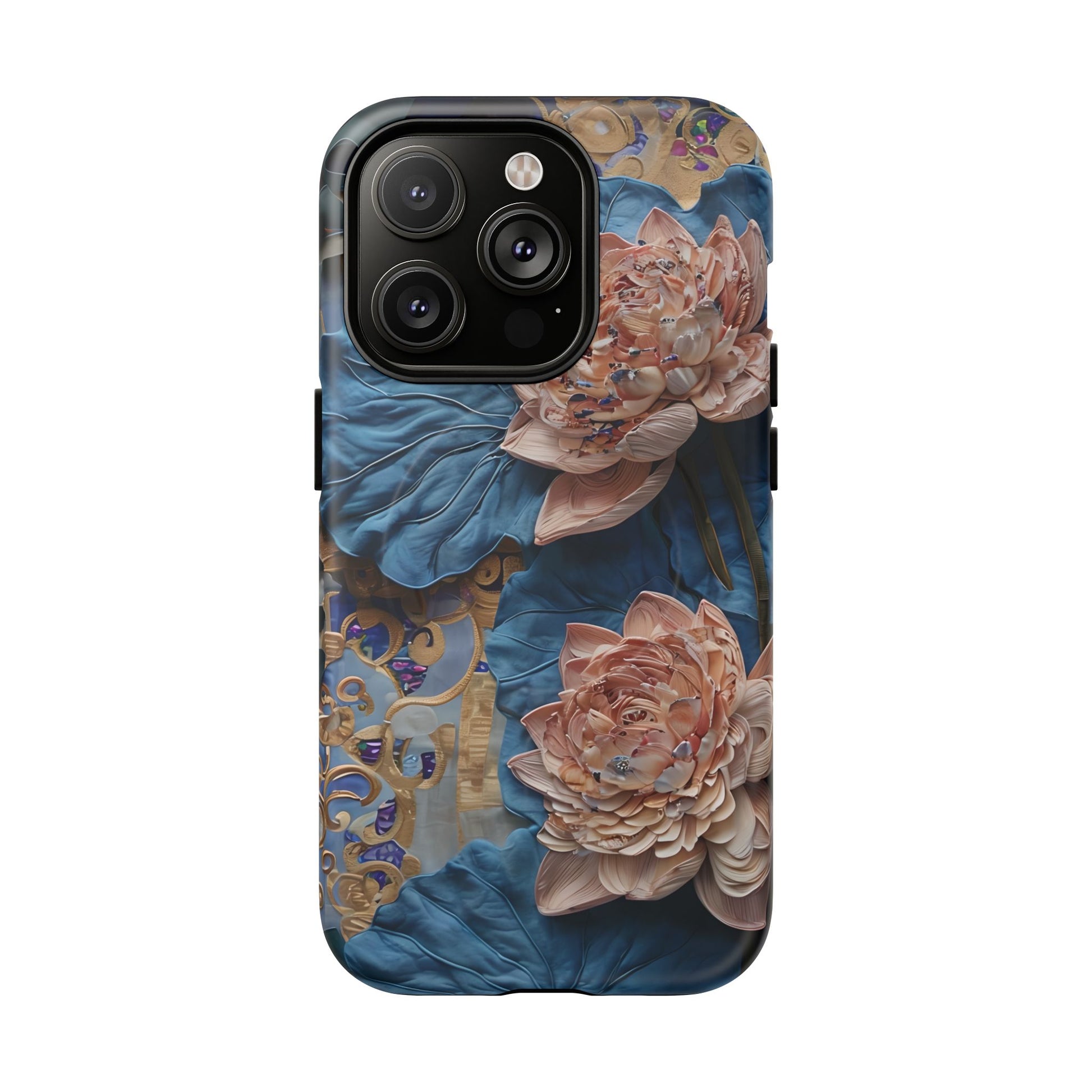 Peony Midnight Tapestry - iPhone 14 Pro - MagSafe Compatible - Elegant Blue & Blush Artful Phone Cover