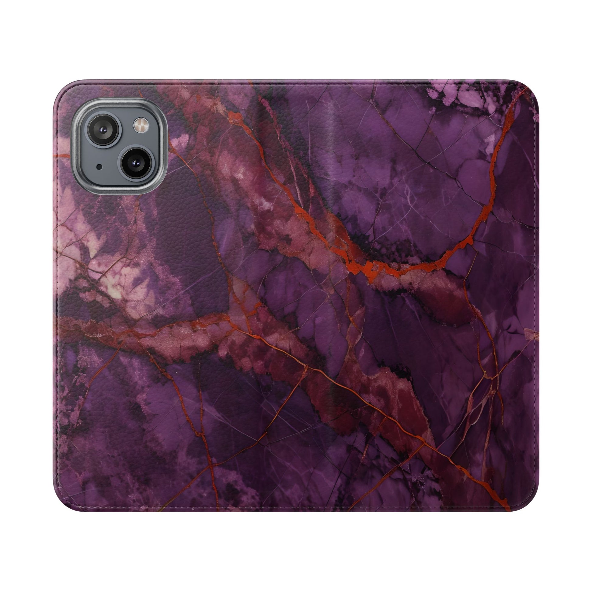 Amethyst Current Wallet Phone Case - Elegant Purple Marble Flip Cover for iPhone 14
