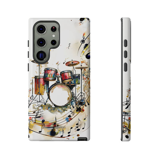 Beatline Samsung Galaxy tough case with colorful drum set illustration and musical notes, back and side view