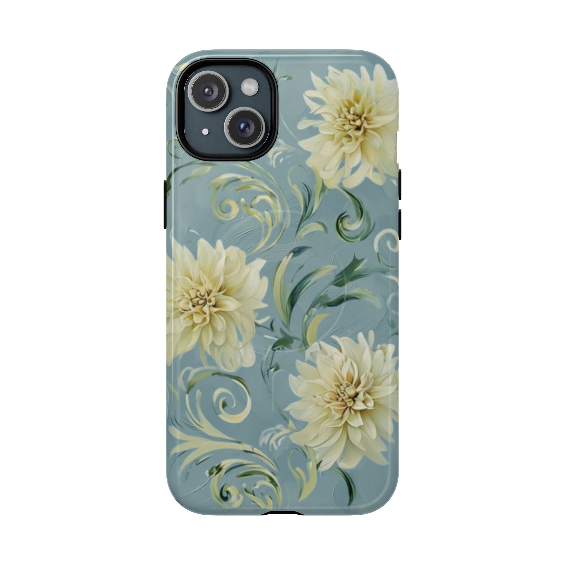 Golden Dahlia Trio - Elegant Floral iPhone 15 Plus MagSafe Phone Case - Artistic White & Blue Dahlia Design