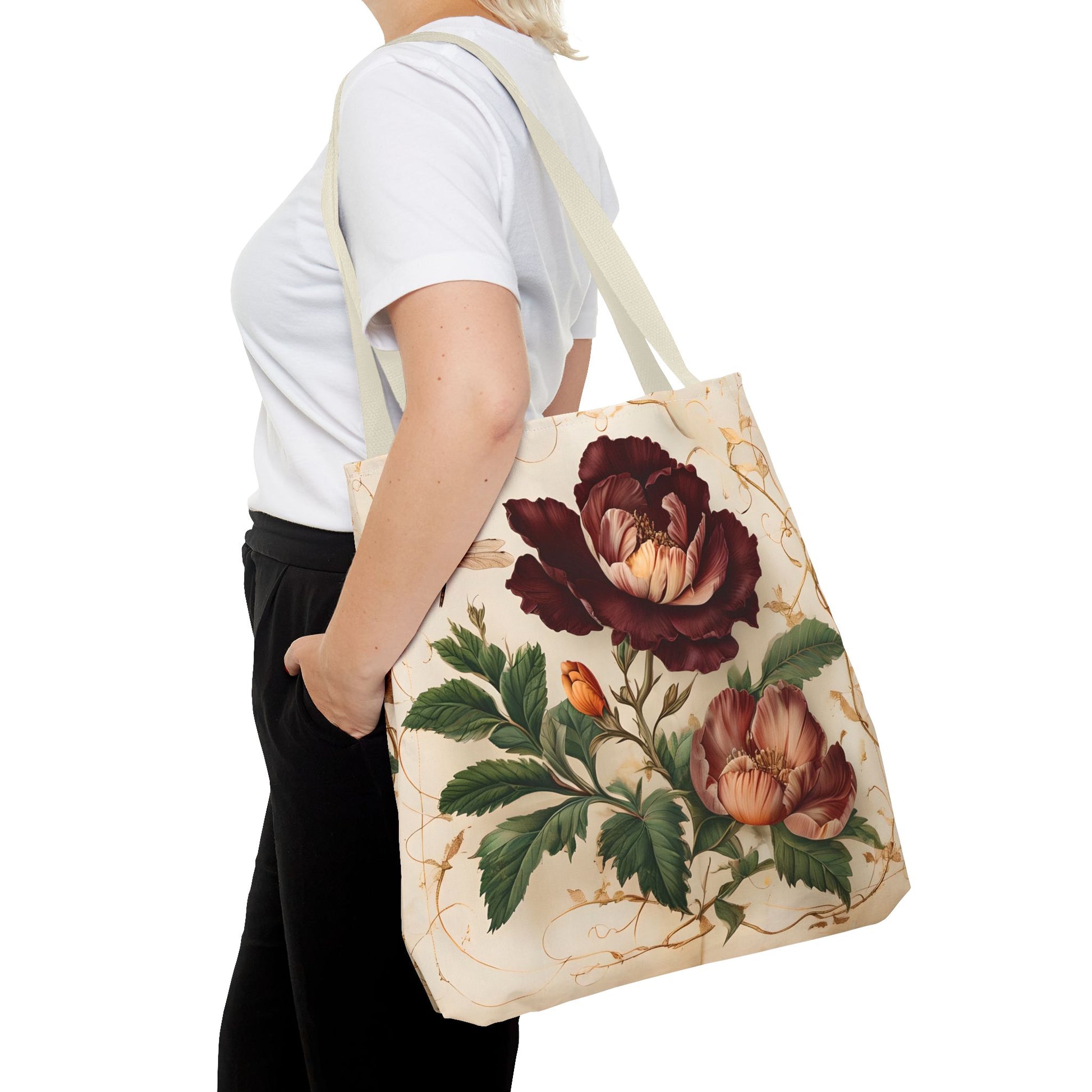 Vintage Burgundy Rose Tote Bag (16x16 & 18x18)- Romantic Floral on Neutral Canvas, Reusable & Eco-Friendly