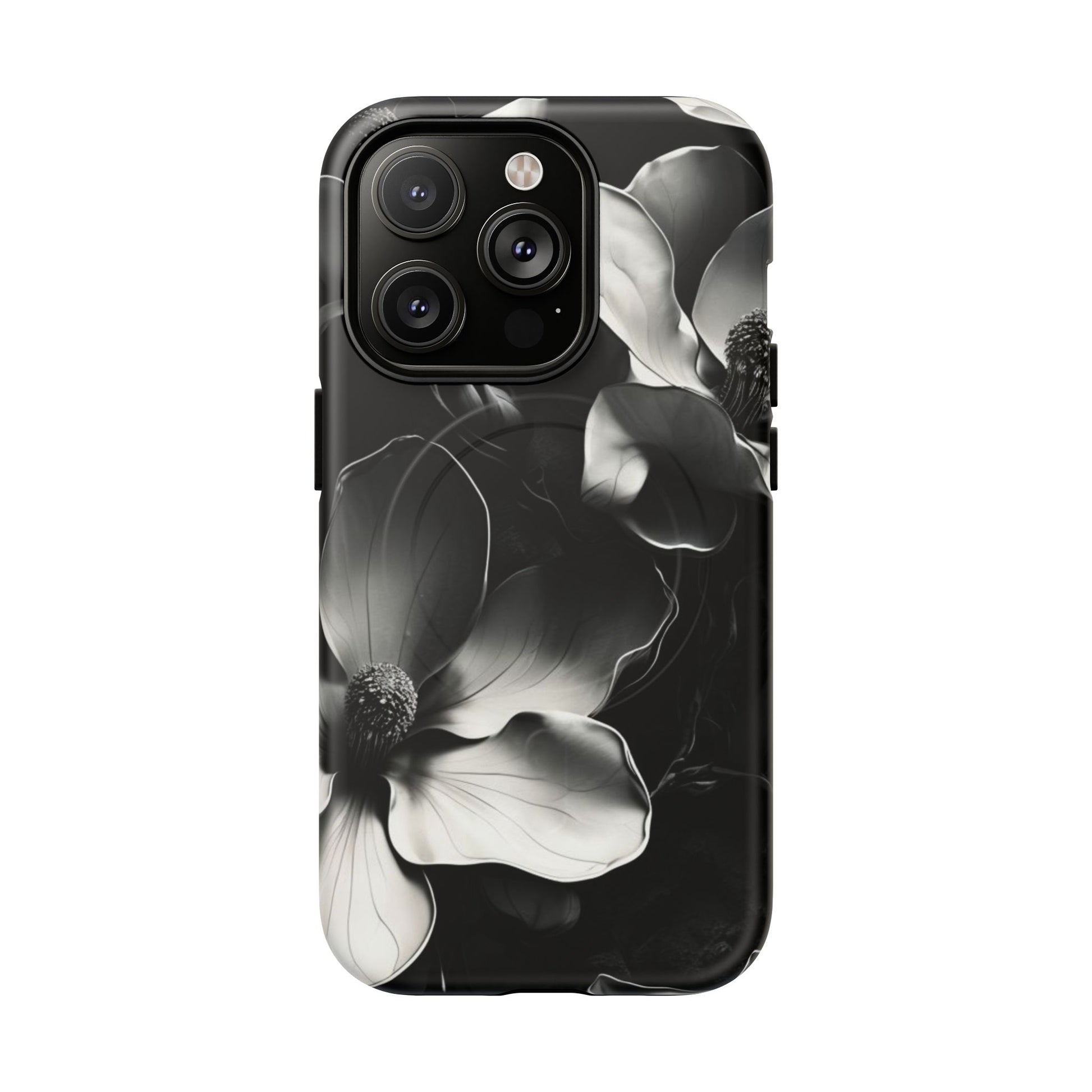 Monochrome Magnolia - Elegant Black & White Floral iPhone 14 Pro MagSafe Phone Case - Artistic Magnolia Design