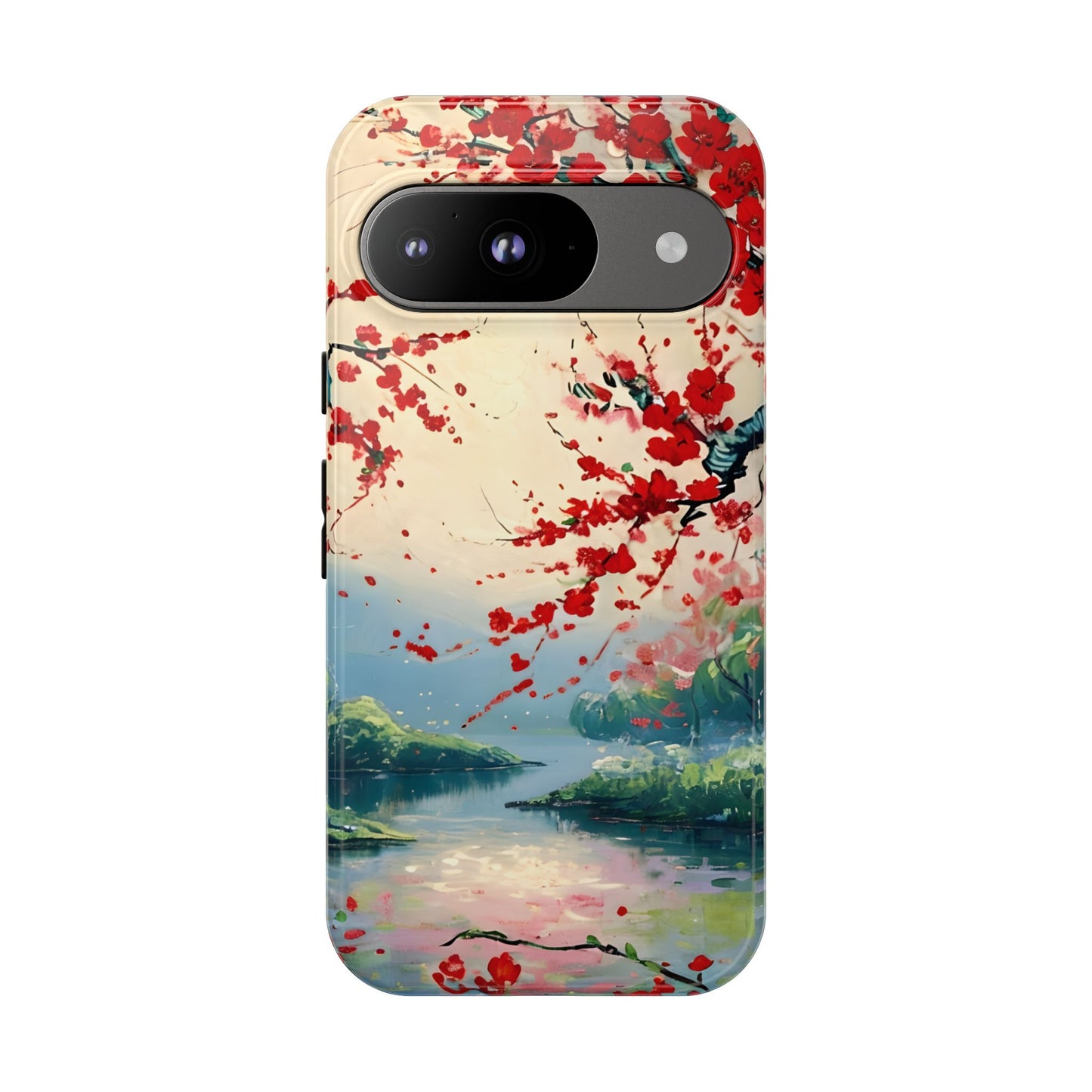 Crimson Blossom Lake - Artistic Floral Landscape Google Pixel 6 Tough Phone Case - Red Cherry Blossoms & Serene Lake Design