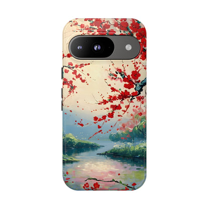 Crimson Blossom Lake - Artistic Floral Landscape Google Pixel 6 Tough Phone Case - Red Cherry Blossoms & Serene Lake Design