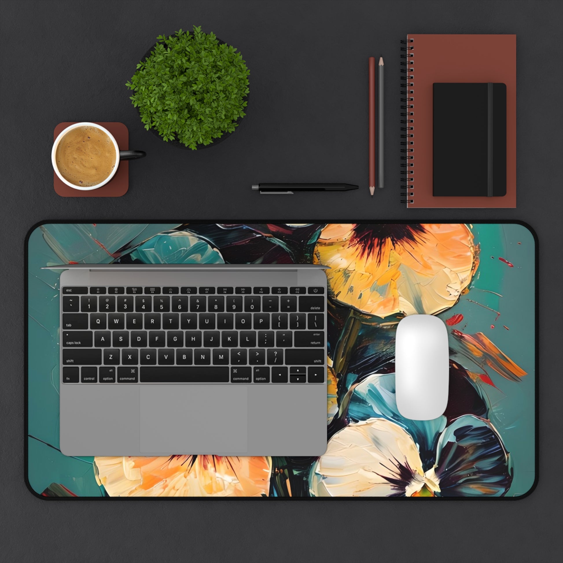 Golden Pansy Cascade desk mat in workspace with keyboard showing vibrant pansy floral design