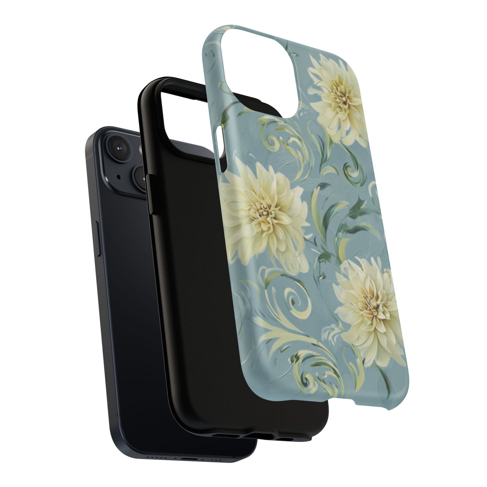 Golden Dahlia Trio - Elegant Floral iPhone 14 MagSafe Phone Case - Artistic White & Blue Dahlia Design