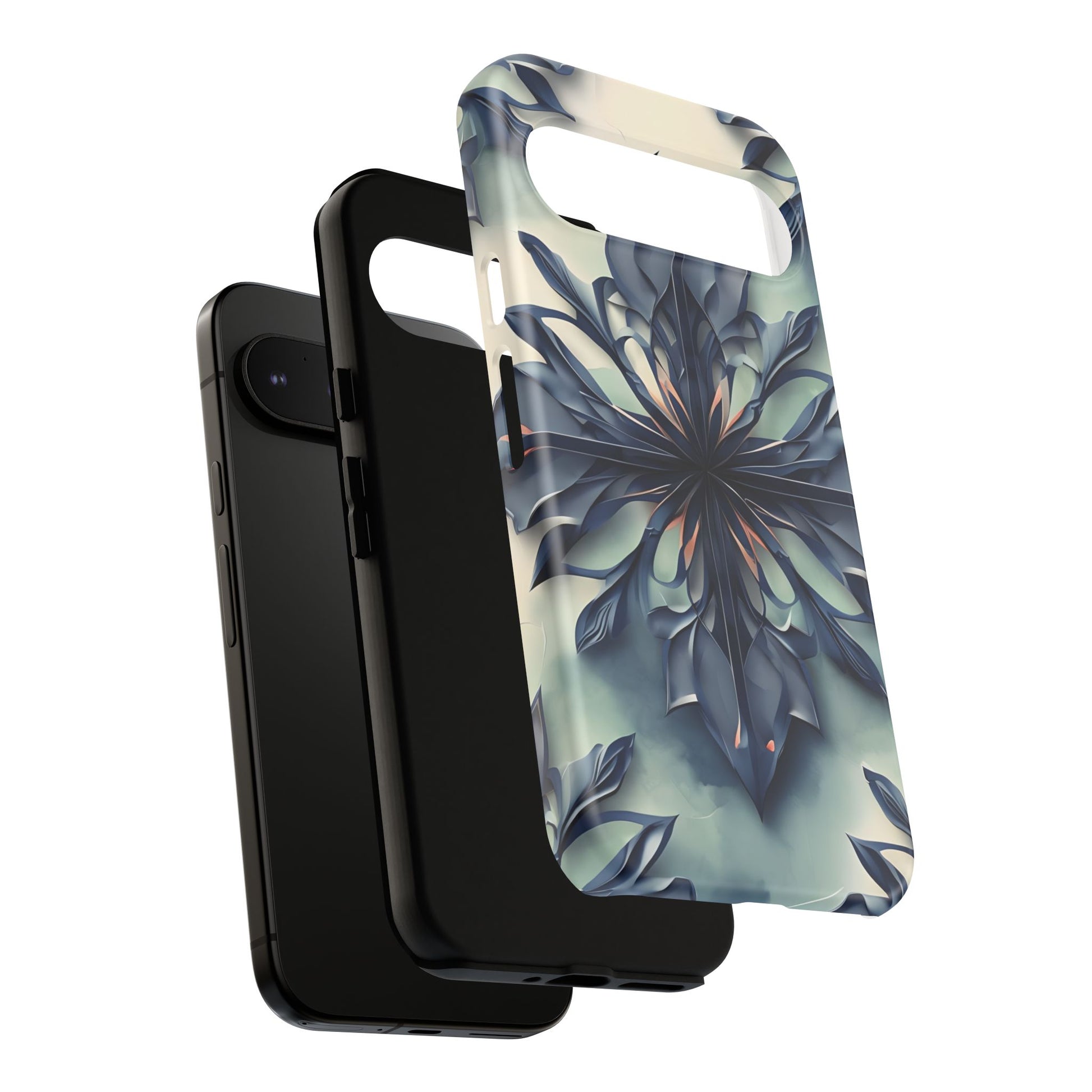 Frosted Indigo Bloom - Artistic Kaleidoscope Collection Artistic Floral - Google Pixel 9 Pro XL Tough Phone Case - Blue Symmetrical Design