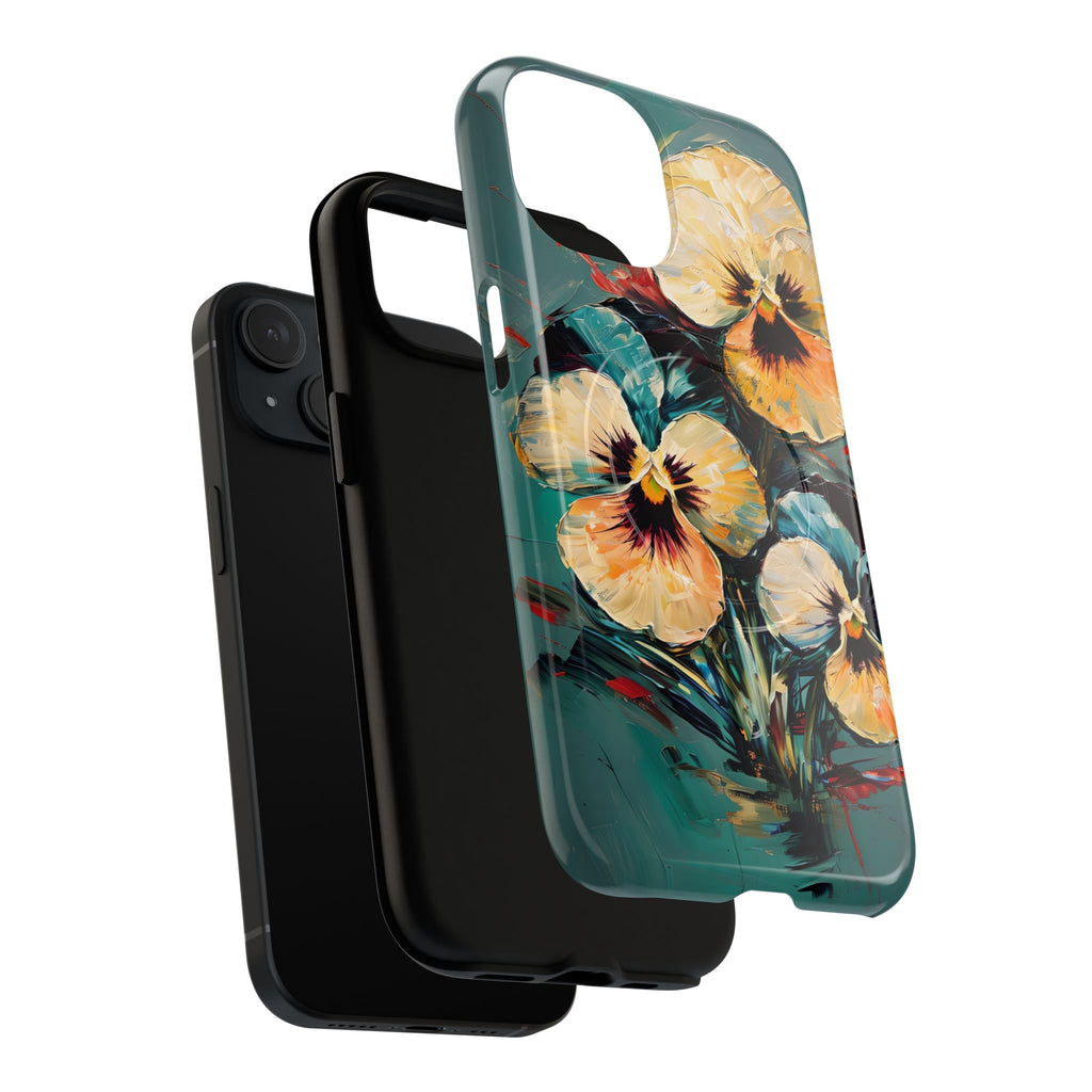 Golden Pansy Cascade - Elegant Floral iPhone 15 MagSafe Case with Deep Teal Background