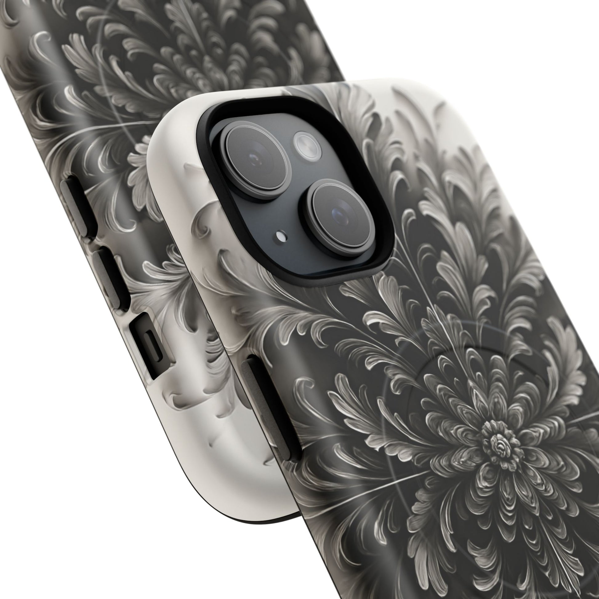 Obsidian Bloom - Elegant Black & White iPhone 15 MagSafe Phone Case - Intricate Mandala Flower Design
