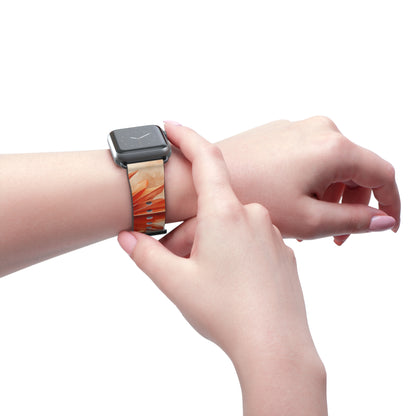 Sunset Fleur Apple Watch band worn on wrist featuring bold orange floral design inspired by sunset colors