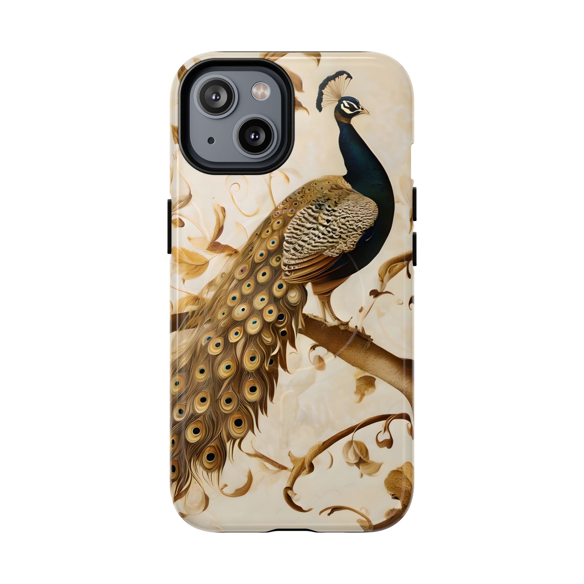 Golden Plumage - Luxe Peacock Art iPhone 14 Phone Case - MagSafe Compatible - Elegant Gold & Cream Design