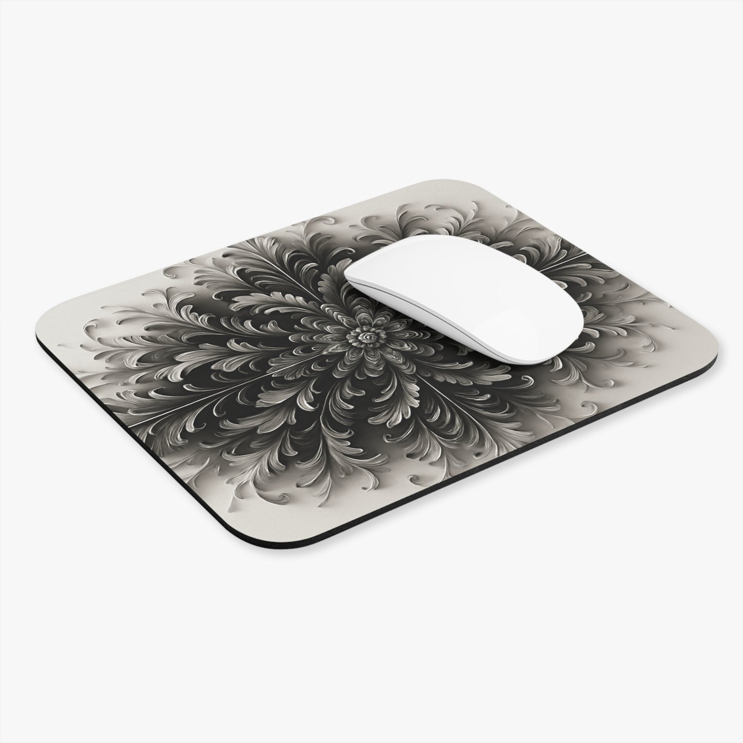 Obsidian Bloom mouse pad in workspace with mouse showing bold dark floral design